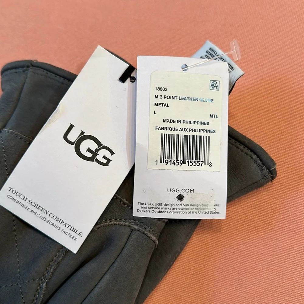 New UGG Leather/Faux Fur Lining Gloves. Gray. Size L.